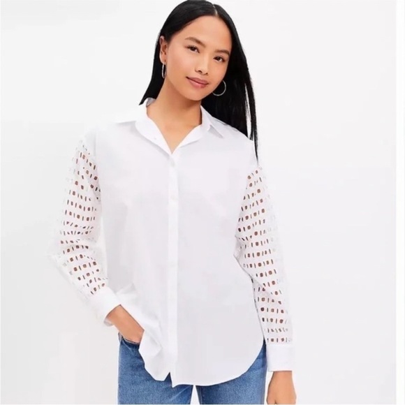 LOFT Tops - Ann Taylor LOFT Eyelet Long Sleeve Cotton Blend Dress Shirt XS White Top White